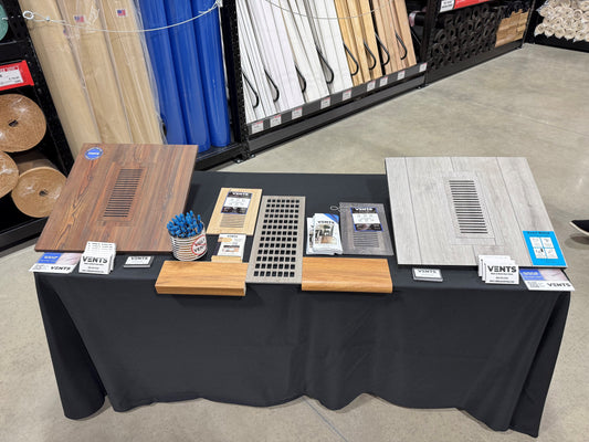 Floor and Decor table with our exact match, flush, durable vents being displayed. Made out of lvt, lvp, hardwwod. As well as our exact match stairnoses.