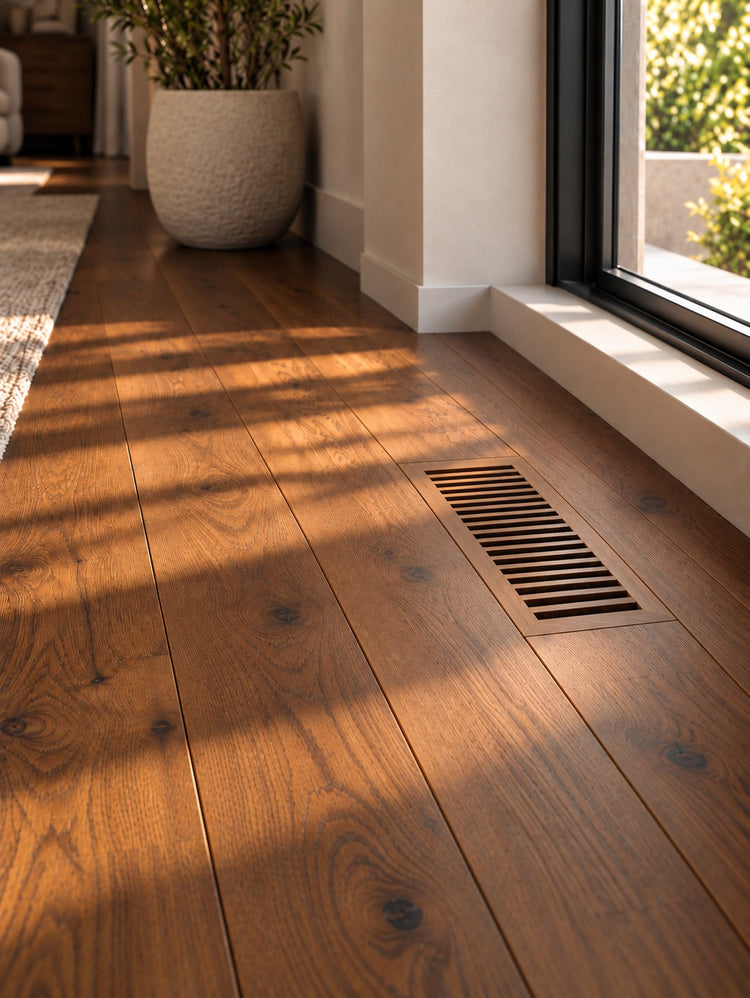 Flush floor vent in warm oak plank flooring